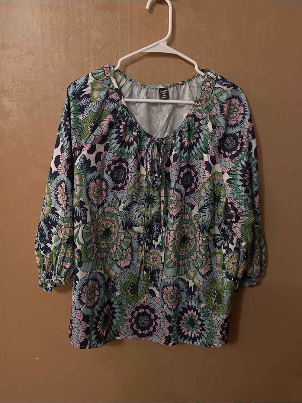 SHEIN Floral Tie-Front Peasant Blouse in Blue, Green & Pink